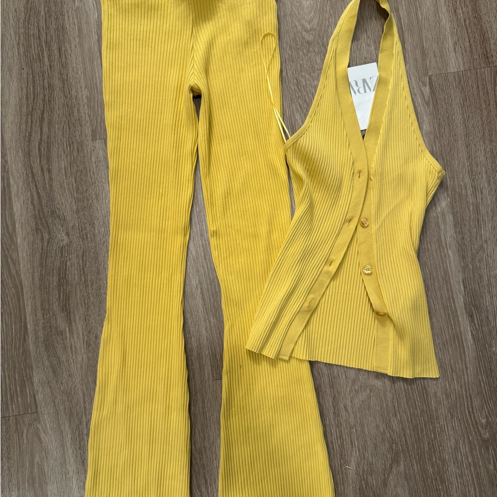 NWT Yellow Zara Ribbed Halter Top with matching Flare Pants